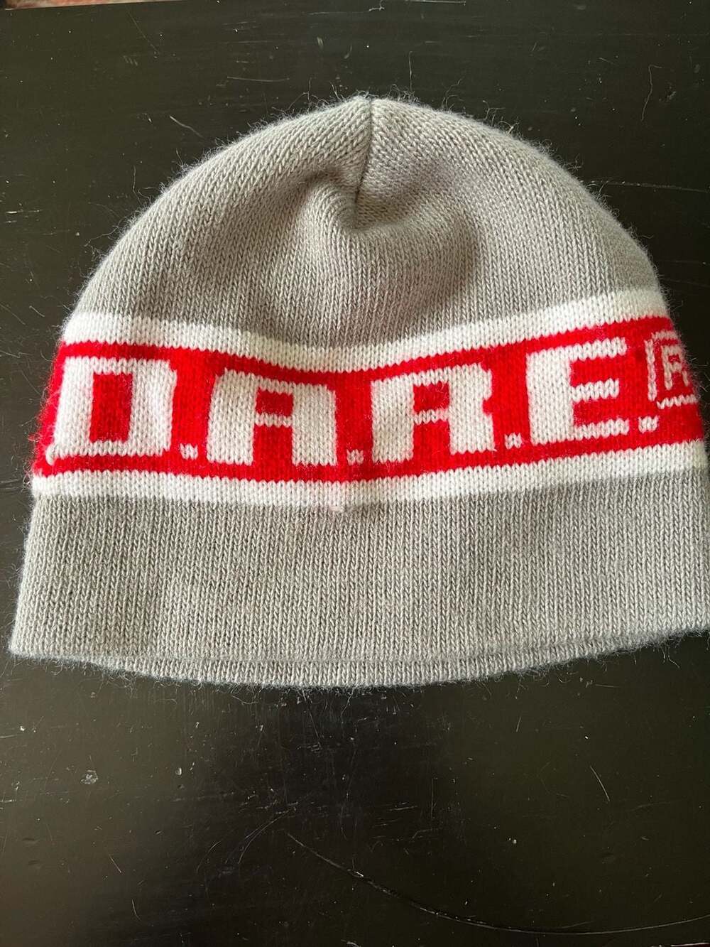 Vintage DARE Cap America Hat Beanie Mens One Size Gray Stripe Knit USA Winter